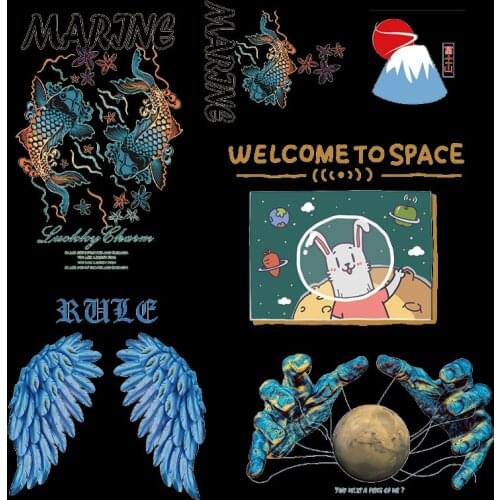 Double fish Earth manipulator,blue wings, Rabbit astronaut heat transfer Mount Fuji iron heating DIY decorative T-shirt stickers