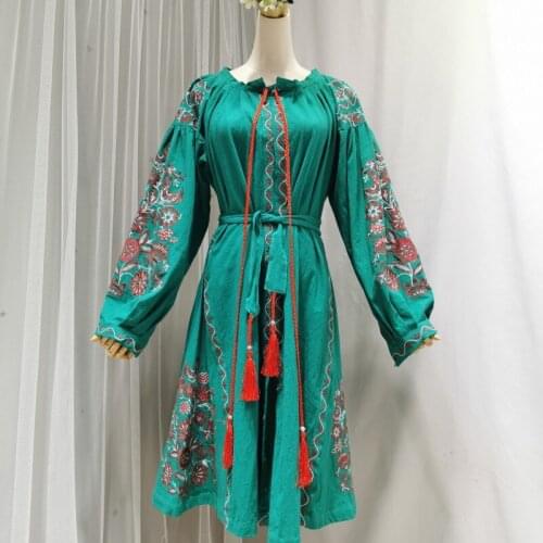 Jastie 2020 Fall Women Long Sleeve Midi Tunic Dress Retro Floral Embroidery Dresses Vestido Boho Holiday Casual Beach Dress Robe