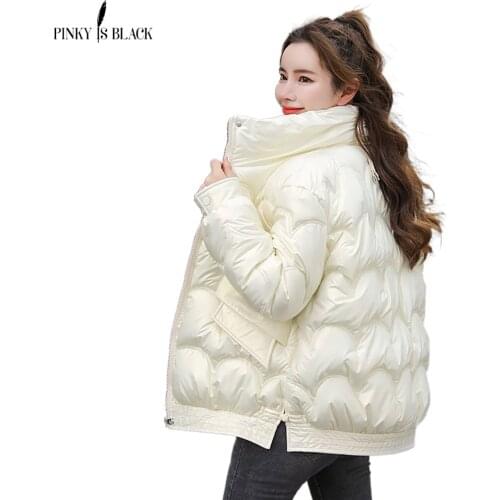 PinkyIsBlack Winter Womens Jacket 2021 Female Thick Warm Short Parkas Fashion Shiny Coats Women Elegant Cotton Padded Outwear