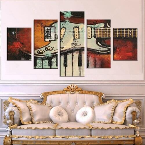 Modular Decor Room Wall Paintings 5 Pieces Musical Instruments Guitar And Piano Keys Pictures Canvas HD Prints Art Posters