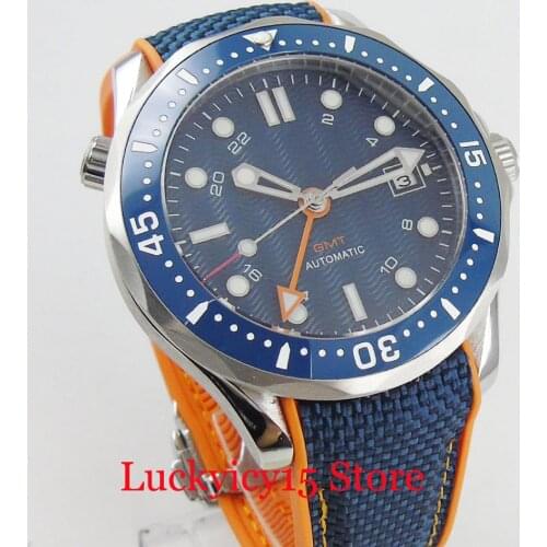 2019 New Mechanical Mens Watch 41mm Blue Wave Dial Date Indicator Ceramic Bezel Sapphire Crystal Blue Rubber Strap