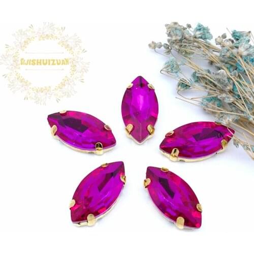 New product Horse eye Rose red Crystal Glass Sewing Rhinestones with gold Claw DIY Wedding Dresses