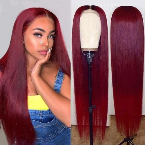 Peruvian Straight Hair 13X1 Lace Front Wig Human Hair Wigs 99J Red Burgundy Pre-Plucked 180% Remy Human Hair Deep Part Wigs