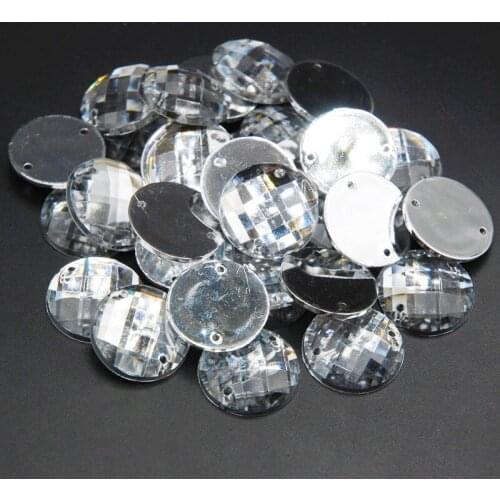 Clear Crystal Acrylic Flat Back Round Grids Shape Acrylic Rhinestone Sew On 2 Hole Beads For Wedding Dress Garment Bag 6mm-18mm