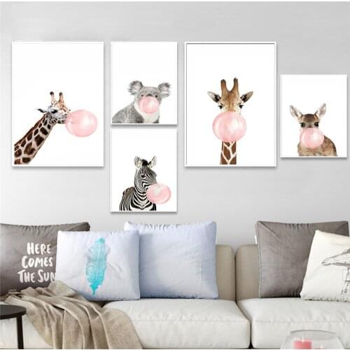 Pink Balloon Nordic Style Kids Decoration Cartoon Zebra Giraffe Wall Pictures for Living Room Posters and Prints Guadros