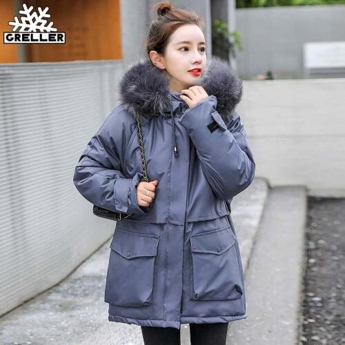 GRELLER 2020 New Fashoin Thick Loose Medium Long Winter Jacket Women Casual Big Pockets Hooded Fur Collar Winter Parkas Coat