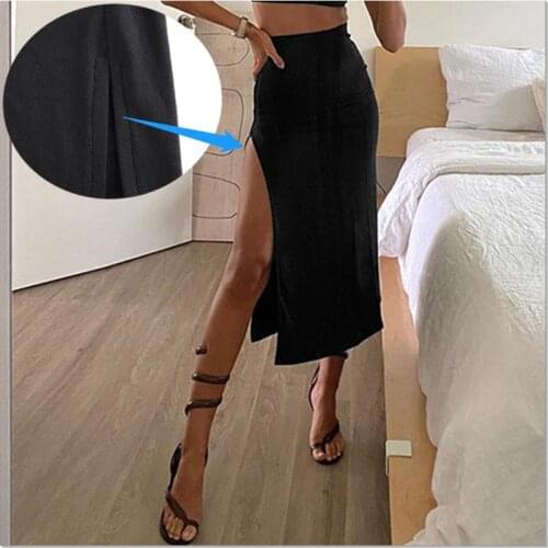 SKMY 2020 New Autumn Streetwear Split Skirt Women Black High Waist Basic Skirt Elasticity With office All-match Midi Skirts