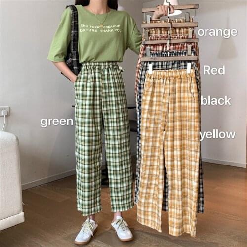 Wide Leg Pants Women Fashion Plaid Ulzzang Loose High Waist Leisure Chic Female Trousers Sweatpant Pockets Summer Streetwear