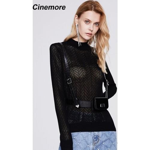 Cinemore 2021 Top women Crew Neck New Autumn See Through Bottoming Streetwear Fashion Solid Hollow Inner Womens sweater BK5199