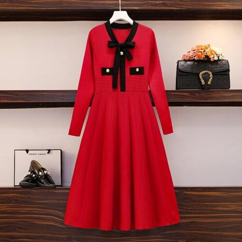 4XL plus size women elegant casual thick sweater dresses autumn winter 2021 long sleeve bow neck button knee length dresses