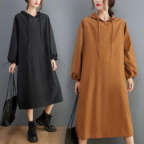 Large Size Womens Autumn Loose Hooded Long Sleeve Sweatshirt Dress Hoodies Wild Overalls Casual Midi Female Vestidos M408