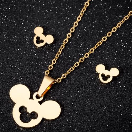 Gold Silver Plated Stainless Steel Mickey Earrings Cartoon Mouse Necklace Metalic Jewelry Set for Women Girls Animal Accessory