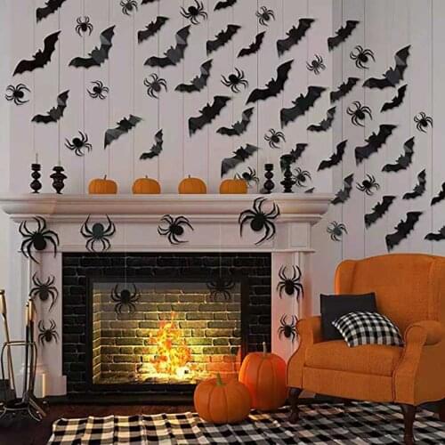 24pcs 3D Black Spider Bat Halloween Decor Wall Stickers Window Living Room Childrens Room Halloween Party Decor DIY Sticker Toy
