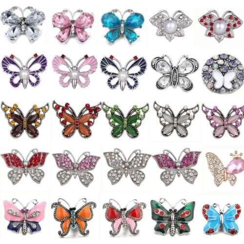 5pcs/lot New Snap Jewelry 18mm Snap Buttons Mixed Crystal Rhinestone Butterfly Metal Snaps for Snap Button Bracelet
