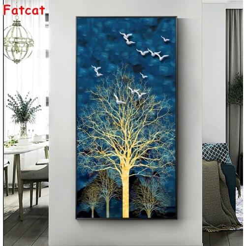5D Embroidery Abstract Golden Tree Blue Night Starlight Diamond Painting Nordic Wall Art Cross Stitch Square Round Drill PP2290