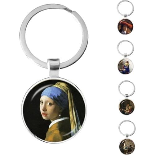 Girl with A Pearl Earring Vermeers Masterpiece Handmade Glass Dome Keychain Classic Key Ring Jewelry for Women Men