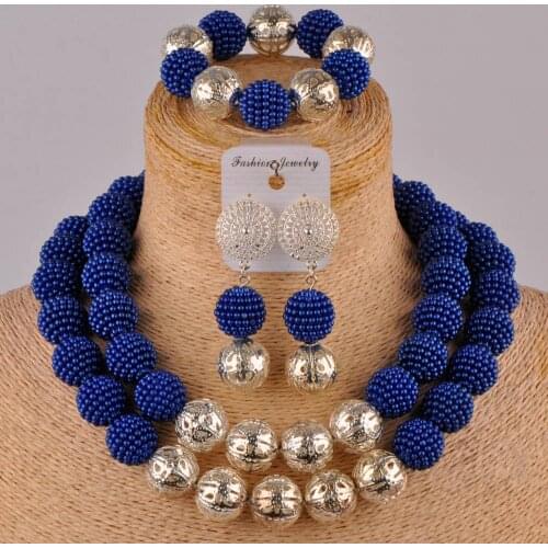 Royal blue costume necklace african beads jewelry set simulated pearl nigerian jewelry set FZZ90