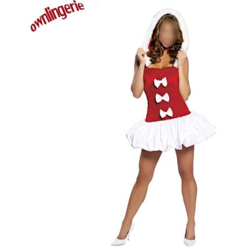 Red/White Christmas Costumes Women Sexy Santa Puff Snowflake Velvet Holiday Dress Hooded Santa Claus Costume Free Shipping