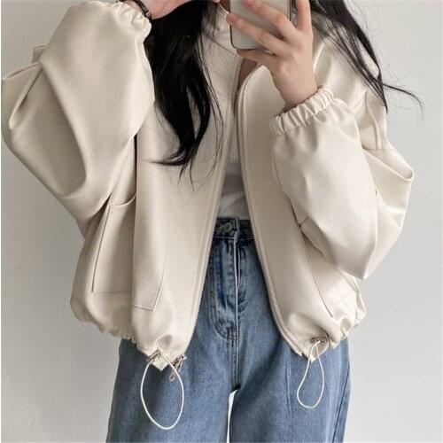 Vintage Stand Collar Drawstring Womens Faux PU Leather Jacket Spring Autumn Puff Sleeve Female Beige Black Short Biker Outwear