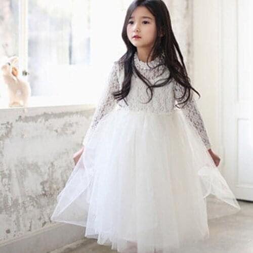New Girls Rhinestone Necklace Lace Kids Dress Long Sleeved Bowknot Princess Tutu Dress Children Clothing For Party, White/ Pink