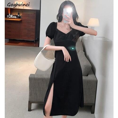 Dress Women Side-slit Summer New Fashion Sexy Solid French Style Vintage Temperament Puff Sleeve Basic High Waist Female Vestido