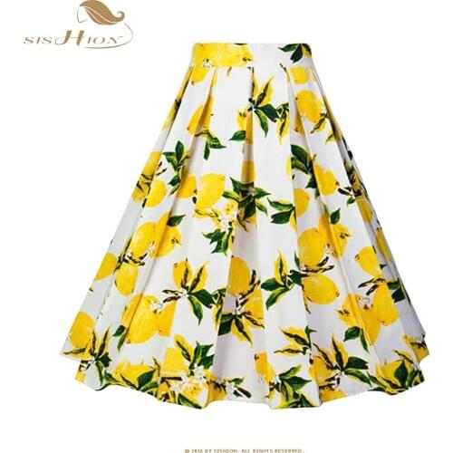 SISHION Floral Print Yellow Lemon Skirts 2021 New Women Summer Skirt High Waist Cotton Swing Vintage Skirt SP1132
