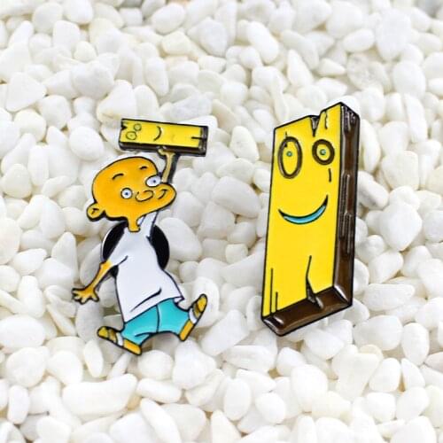 Anime Cartoon character Small bald head Funny expression wooden block Enamel brooch Cool boy personality Yellow badge Denim pin