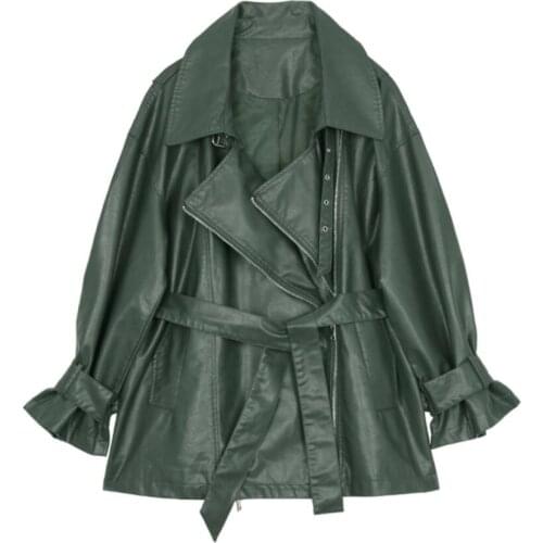 Spring and autumn fashion new loose casual pu jacket women turn down collar top coat