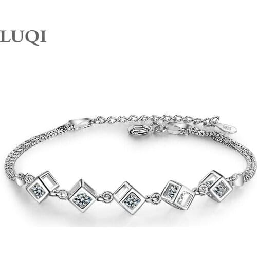 Womens Fashion S925 Silver Platinum Plated Rubiks Cube Crystal Zircon Temperament Bracelet SL078