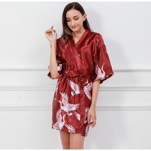Autumn Summer Women Ice Silk Fabric Lady Nightgown Crane Flower Print Short Bathrobe