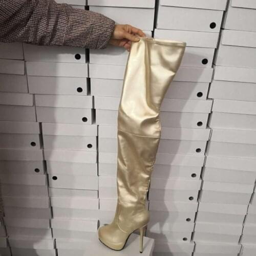 Ladies Sexy Solid Shiny light Gold Leather Over the Knee Boots High Platform Thin High Heel Thigh Boots Long Knight Botas
