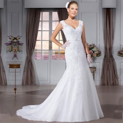 Vestido de noiva sereia 2016 Hot sale Wedding Dresses Elegant vestido de noiva Mermaid Lace V Neck Wedding Dress Cap Sleeve