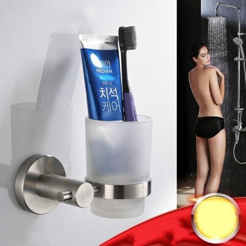 Toothbrush Tooth Cup Holder With Glass Wall-mounted Stainless Steel Bathtub Single Cup Holder Bathroom Cup Holder Set