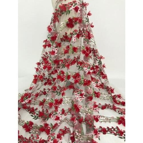 1yard Mori red flower embroidery fabric wedding dress skirt handmade diy lace cloth accessories designer fabrics for patchwork
