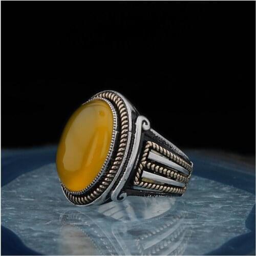 925 Sterling Silver Oval Yellow Agate Cool Mens Ring Exclusive Chic Accessory for Men Special Ring