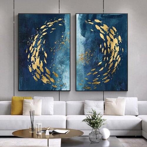 Abstract Gold Fish Chinese Canvas Painting Big Blue Poster Print Luxurious Wall Art For Living room Aisle Gold tableaux Picture