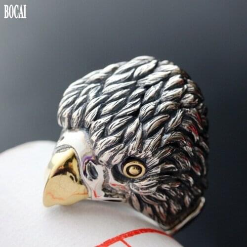 BOCAI 2020 NEW real s925 pure Silver Eagle Head Ring Forefinger Silver Ring for Men and Women Adjustable Thai Silver Man Rings
