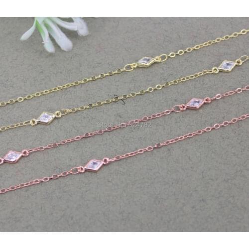 5 Meter Cubic Zirconia Brass Chain Rhombus Shape Beaded Chain,Wire Wrapped CZ Chain For Jewelry Making