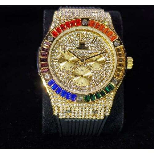 Hip Hop MISSFOX Rainbow Diamond Mens Watches Top Brand Luxury Gold Steel Quartz Wrist Watch Men Rubber Band Chronograph Watch