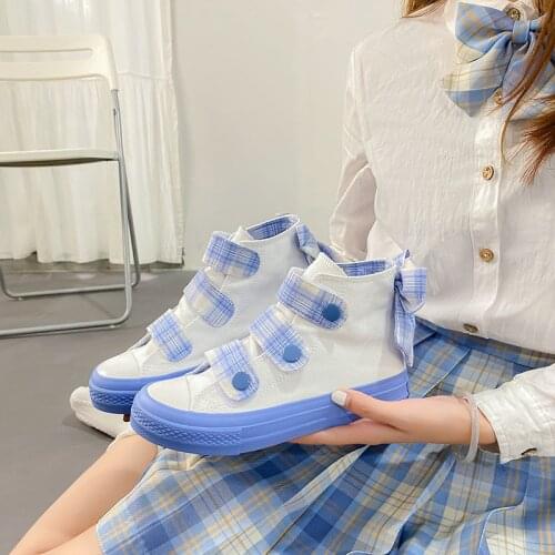 Girls JK Canvas Shoes Japanese High-top Sneakers 2021 Autumn New Blue Bow Female Flat Shoes Female Student Shoes