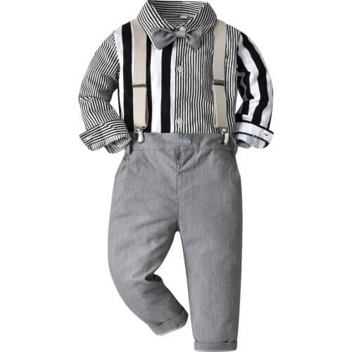 Toddler Kids Infant Boys Clothes Long Striped Shirt + Grey Pants 4 Pieces Suit Set Children Fall Formal Costume Kits