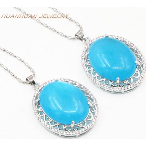 Trendy Necklaces & Pendants Women Zircon Inlay Blue Natural Stone Jades Chalcedony Choker Collar Pendant Jewelry 25x33mm B3313