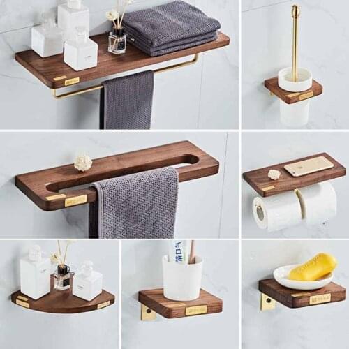 Bathroom Accessories Set Wood & Gold Brass Towel Bar Tissue Rack Corner Shelf Toilet Brush Holder Soap Dish Bath Hardware