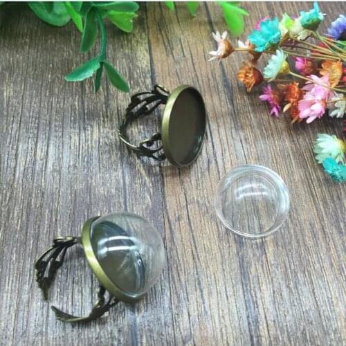 20sets adjustable retro antique bronze flower ring tray 20mm half round handmade diy vial ring making kit charm diy findings