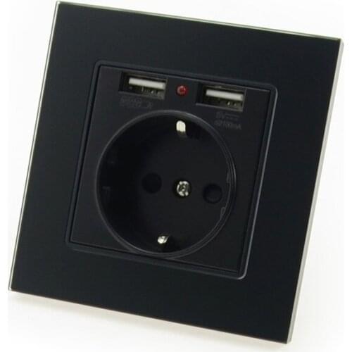 MiniTiger Black Luxury Glass Panel Wall Power Socket 16A EU Electrical Outlet With 2.1 A Dual USB Socket Charger Port for Mobile