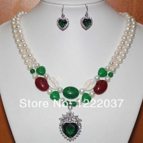 NEW pearl green stone and pearl necklace + heart zircon pendant earring set