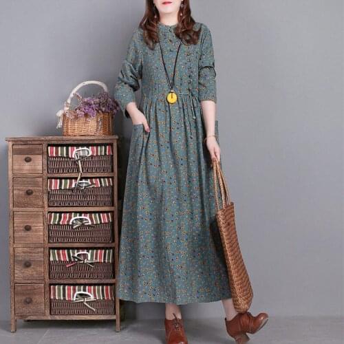 Autumn Retro Buckle Floral Dress Casual Loose Plus Size Cotton And Linen Long Sleeve Shirt Dress Women Lace Up Slim Vestido y509