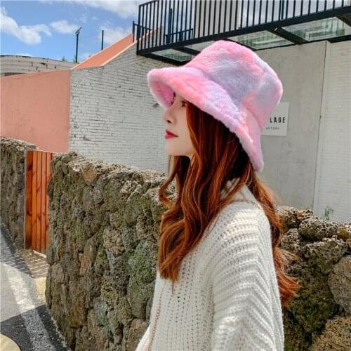 Winter Women Bucket-Hats Mixed Color Print Soft Panama Hat Fashion Cloche Faux Fur Soft Warm Fisherman Cat