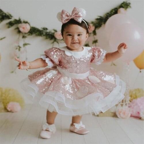 Baby Girl First Birthday Party Dress Ball Gown Sequins Tulle Satin Bow Princess Lolita Dress for Birthday