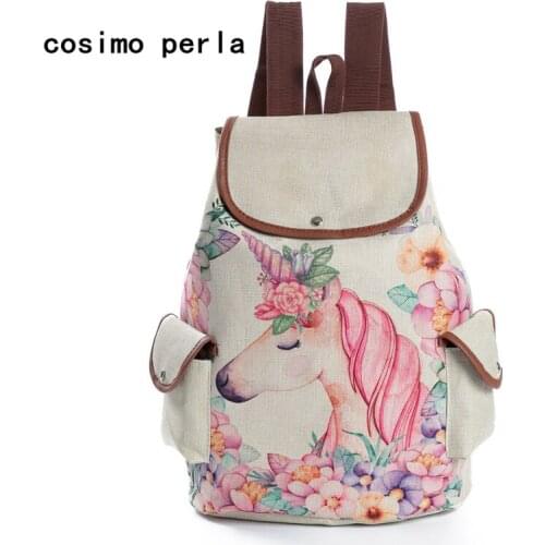 Cute Unicorn Bagpack School Floral Cartoon Horse Printed Backpack Female Linen Drawstring Bag for Teenage Girls Travel Rucksack
